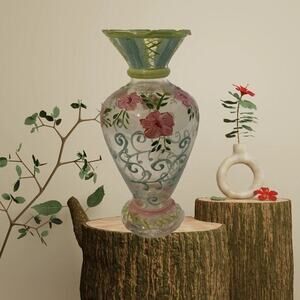 Vintage Tracy Porter Hand-Painted Glass Bud Vase Pink Floral Ruffled Rim 6.5”